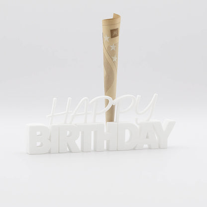 3D-Aufsteller "HAPPY BIRTHDAY" in Weiß mit integriertem Halter für Geldscheine – perfekte Geschenkidee zum Geburtstag