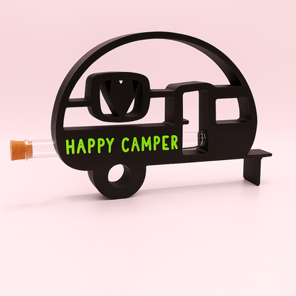 CampingBoost Aufsteller für Geldgeschenke – Grundmodell in Schwarz mit individuell wählbarer Farbe für den Camper-Anhänger. Mit Reagenzglas zum Befüllen mit Geldscheinen oder Blumen.