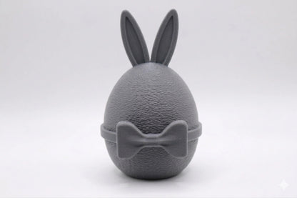 GentleEgg Design-Osterei mit Hasenohren und Fliege in Grau – modernes Dekoei aus 3D-Druck von MUDIVO