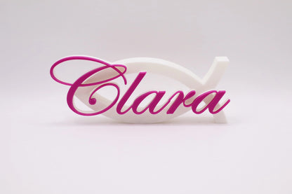 IchthysMoment personalisierter Fisch mit Namen Clara in pinker Farbe als modernes Geschenk zur Kommunion oder Konfirmation
