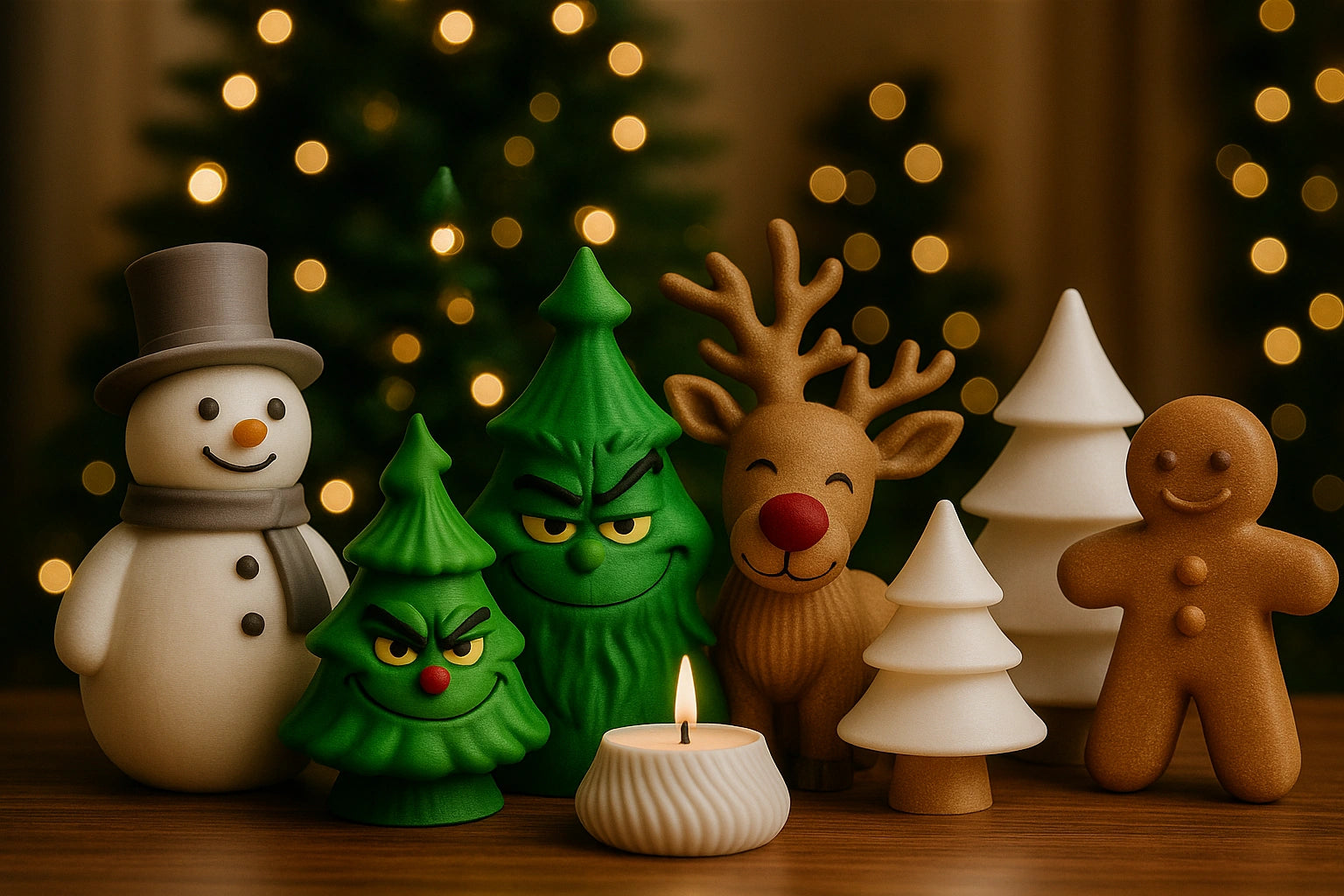 Hochglanz Weihnachtsdeko von Mudivo – 3D-Druck Figuren aus der Kollektion XMASWonder mit Grinch, Rentier, Schneemann, Tannenbäumen und Lebkuchenmann vor festlichem Hintergrund