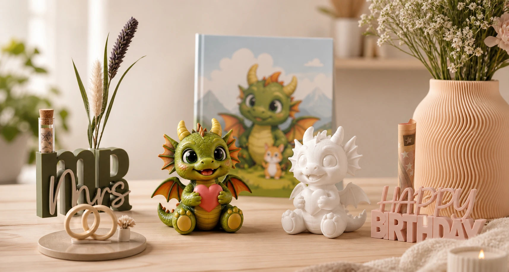 Modernes Geschenk- und Dekoset von MUDIVO mit handbemalter Drachenfigur, unbemalter 3D-Druck-Figur, stilvollen Geschenkideen für Hochzeit und Geburtstag sowie dekorativen Wohnaccessoires auf einem Holztisch in warmem Licht