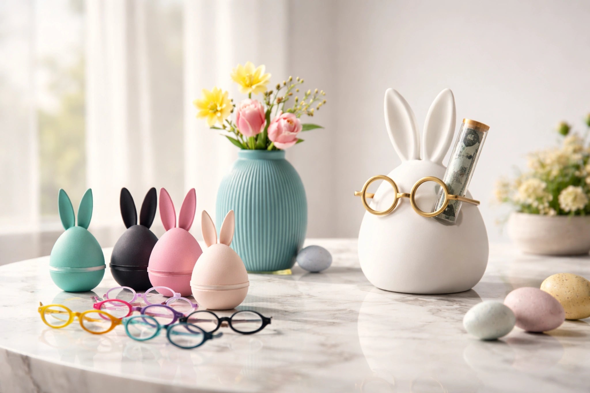 Minimalistische Oster Geschenkidee von MUDIVO: 3D-gedruckter Bunny mit Brille und Reagenzglas für Geldgeschenk, dekoriert mit bunten Bunny-Eiern und Designvase.