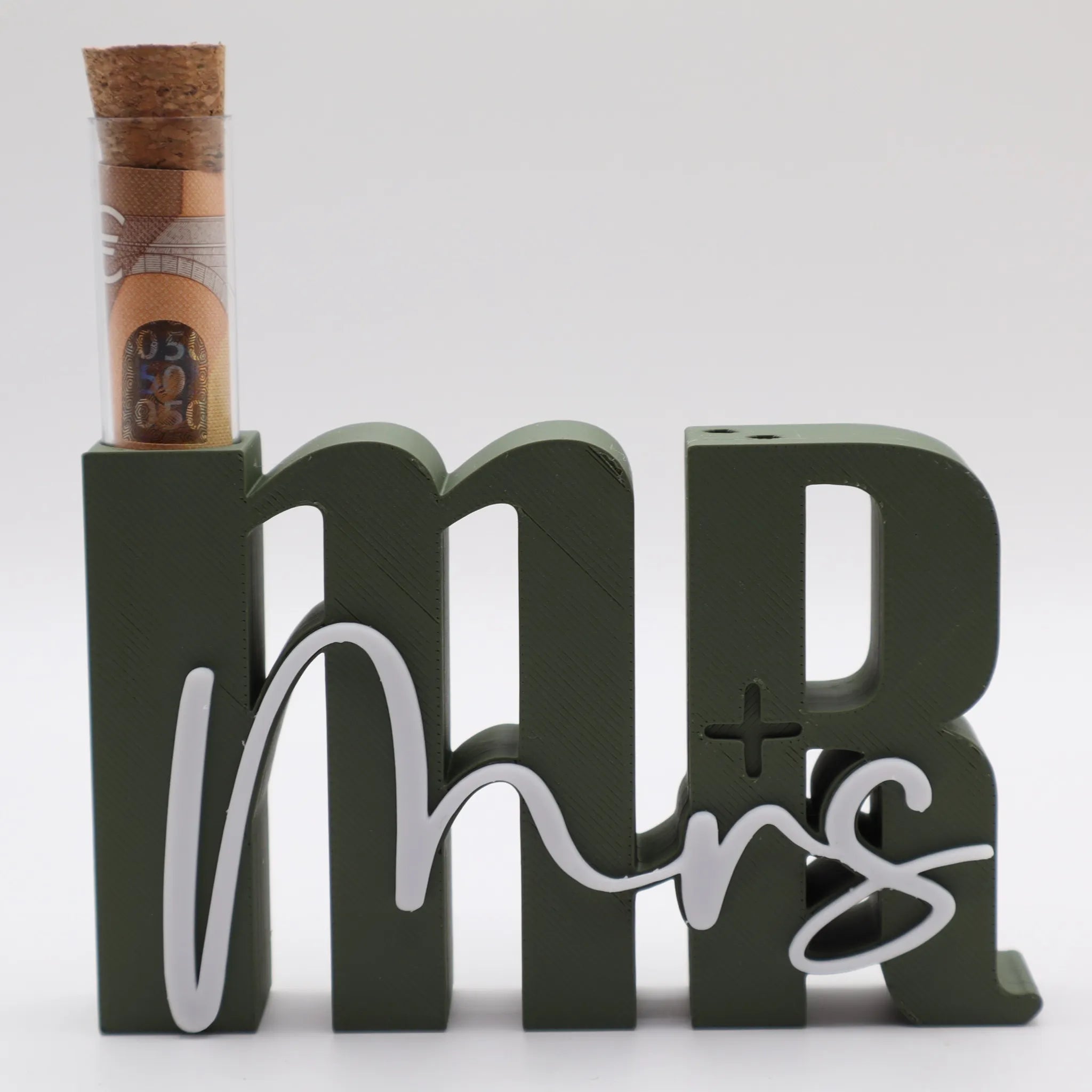 Kreatives Hochzeitsgeschenk WeddingWish – Geldscheine im Reagenzglas, Mr & Mrs Aufsteller