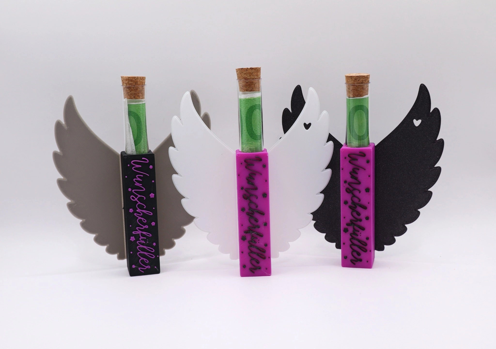 Mudivo Wunscherfüller – stilvolles 3er-Set mit Engelsflügeln in Grau, Weiß und Schwarz. Mit Reagenzglas für Geldgeschenke – handgemacht, charmant und voller Wunschmagie. ✨