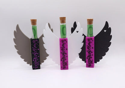 Mudivo Wunscherfüller – stilvolles 3er-Set mit Engelsflügeln in Grau, Weiß und Schwarz. Mit Reagenzglas für Geldgeschenke – handgemacht, charmant und voller Wunschmagie. ✨